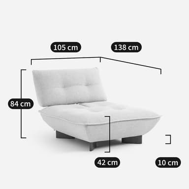 A low-profile, tufted sofa with a deep seat and a single, adjustable backrest. The sofa features a rounded front edge and is supported by dark, rectangular wooden legs. The upholstery appears to be a plush velvet fabric. — 3D model