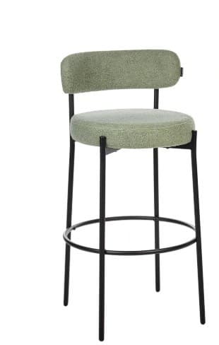 A green upholstered bar stool with a rounded backrest and a circular seat. It features a black metal frame with four legs connected by a circular footrest. — 3D model