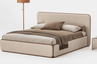 A side view of a contemporary upholstered bed with a rectangular headboard and a low-profile frame. The headboard and frame are covered in a textured beige fabric, with a thin contrasting brown piping detail along the edges. The bed is dressed with a white sheet, a brown velvet-like duvet or comforter, and two pillows: one rectangular in light beige and one square bolster pillow in dark brown. A brown throw blanket with a herringbone pattern and fringe is draped across the foot of the bed. — 3D model