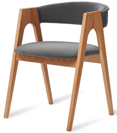 A modern armchair featuring a light-toned wooden frame and dark gray upholstered seat and backrest. The design incorporates integrated armrests with a distinctive cut-out detail, and the backrest is gently curved for comfort. The four tapered legs splay slightly outwards, contributing to its contemporary aesthetic. The upholstery appears to be a soft fabric, possibly velvet or a similar textile, providing a contrast to the smooth wood grain. — 3D model