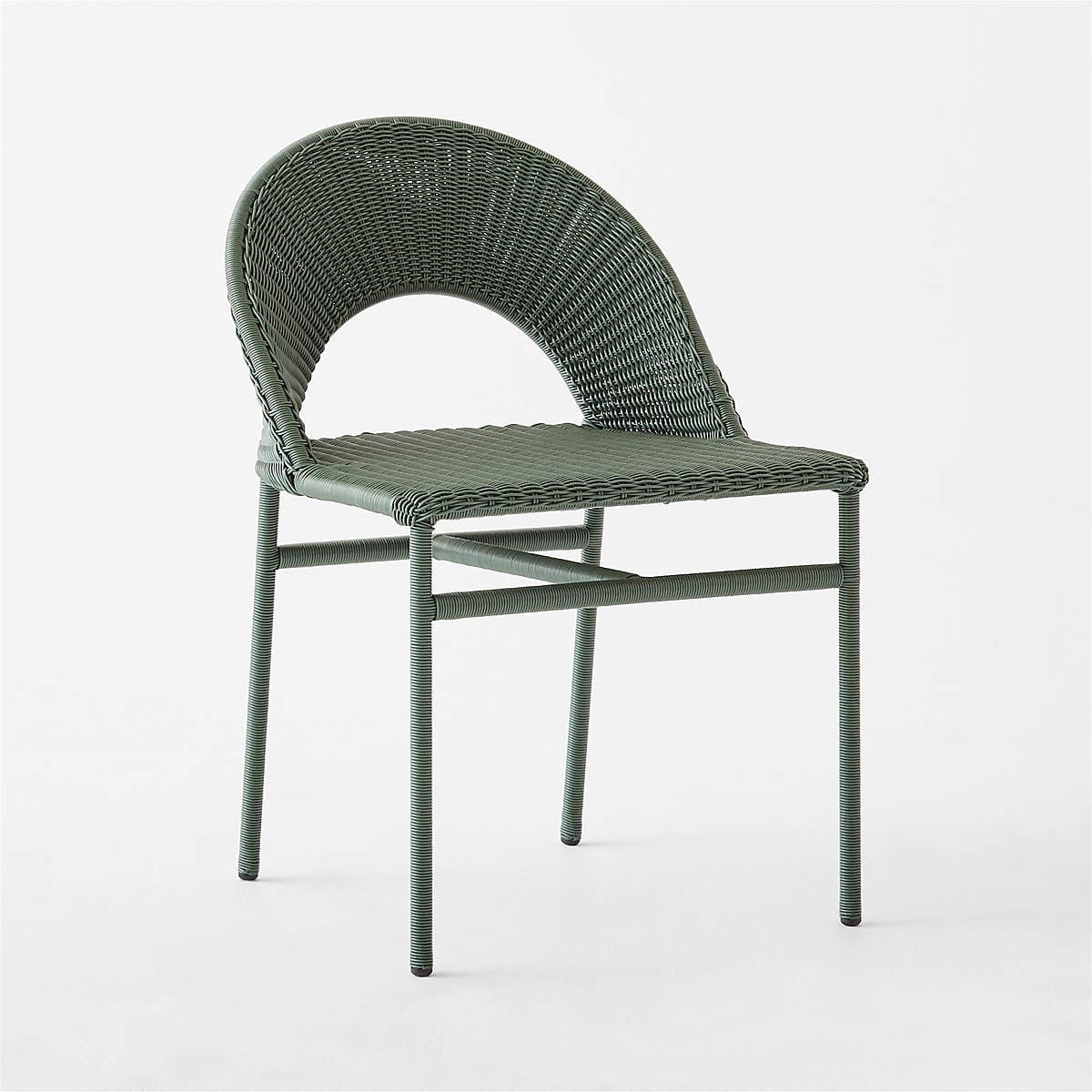 An armless dining chair featuring a full-body weave of dark green synthetic rattan over a metal frame. The chair has a distinctive rounded open backrest and a flat seat. The legs are slender and straight, also wrapped in the same woven material. — 3D model