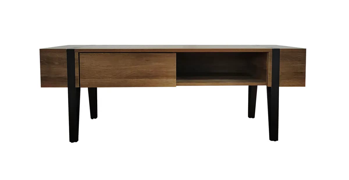A modern rectangular coffee table featuring a light wood grain finish, a single pull-out drawer, an open storage cubby, and supported by four black tapered legs. Black metal strap accents are visible on the top surface. — 3D model