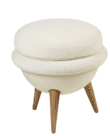 A modern upholstered stool featuring a distinctive spherical body and a round seat cushion, both covered in light-colored, textured fabric, supported by three splayed, tapered wooden legs. — 3D model