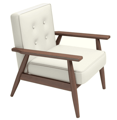 A mid-century modern style armchair featuring a dark wood frame, light-colored upholstered cushions, and button tufting on the backrest. — 3D model
