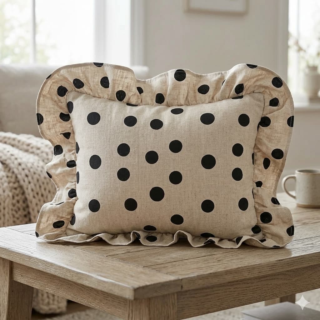 A rectangular pillow with a beige linen-like fabric cover adorned with black polka dots. The pillow features ruffled edges along all sides, adding a decorative element. The filling appears to be soft, giving it a slightly plush form. — 3D model