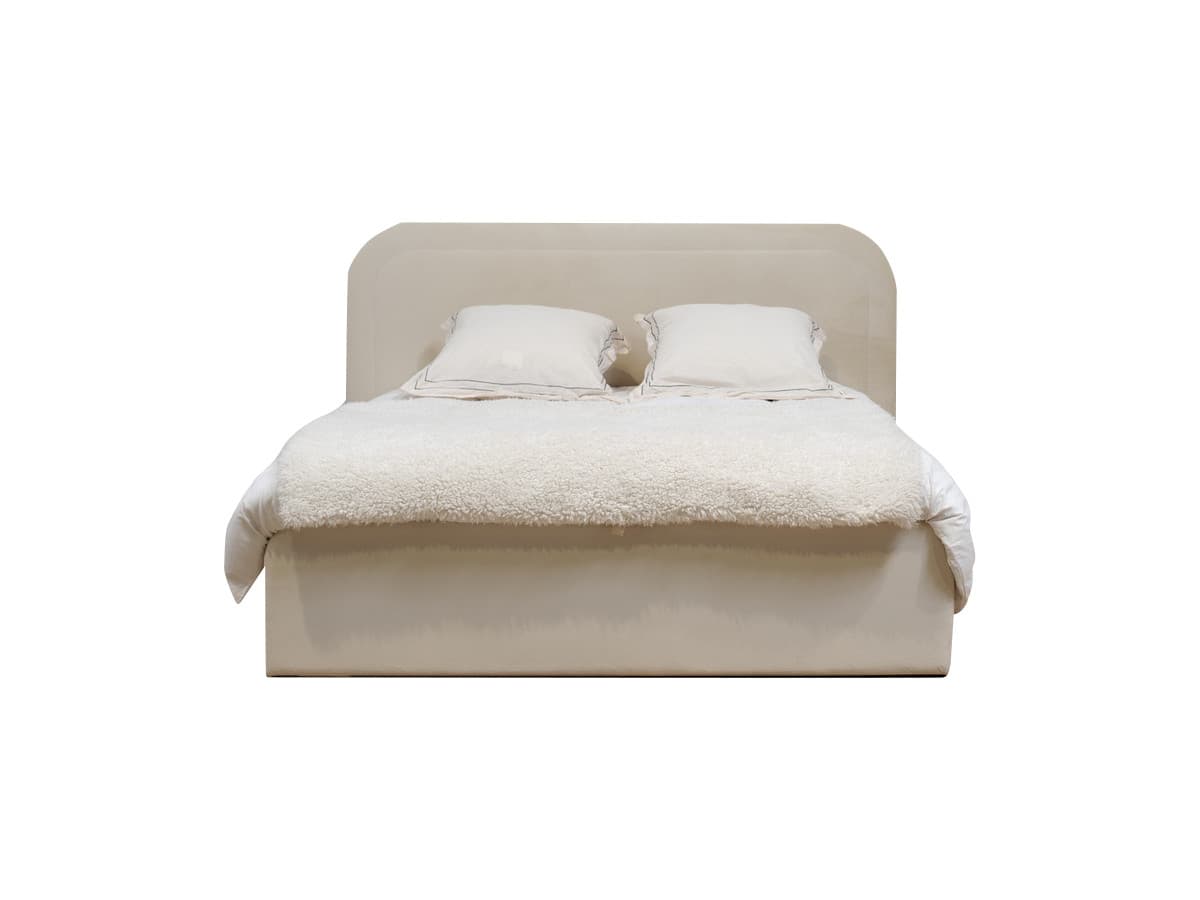 A queen-sized bed with a padded, upholstered headboard and a matching upholstered base. The bed is dressed with two pillows, a white duvet, and a cream-colored, textured throw blanket. — 3D model