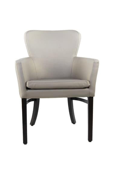 A detailed drawing of an upholstered armchair with various dimensions indicated. The chair features a padded seat, backrest, and armrests, supported by four tapered wooden legs. The upholstery appears to be a light-colored fabric, and the legs are dark. — 3D model
