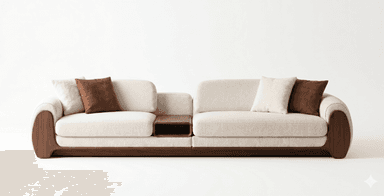 A contemporary upholstered armchair, featuring thick, rounded cushioning in a textured, off-white fabric. The chair incorporates dark wooden side panels that run vertically along its exterior. A loose, rectangular brown accent pillow rests against the back cushion, adding a touch of contrast. The design emphasizes comfort and a minimalist aesthetic. — 3D model