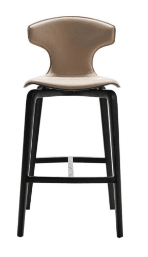 A modern bar stool featuring a beige or taupe upholstered seat and a distinctive, sculpted backrest, set upon a dark stained wooden base with integrated footrests. The design is sleek and contemporary. — 3D model