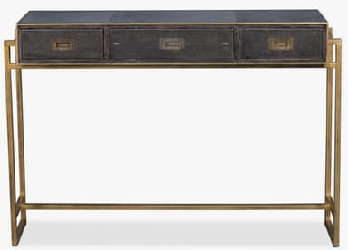 A narrow console table with a rectangular top, featuring three drawers with brass rectangular pulls. The base is constructed from thin, angular metal legs connected by a lower stretcher bar. — 3D model