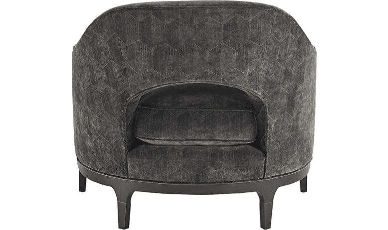A contemporary armchair with a rounded, barrel-shaped back and a deep seat. The upholstery features a subtle geometric pattern. The chair is supported by a dark wooden base and four tapered legs. — 3D model