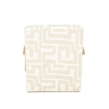A modern armchair with a patterned fabric upholstery and wooden armrests. The armchair features a sculpted silhouette with a high back and wide seat. The armrests are curved and made of light-colored wood, providing a contrast to the patterned upholstery. The upholstery has a geometric pattern in a light beige and off-white color scheme. — 3D model