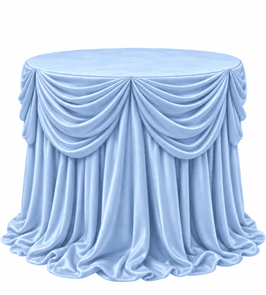 A round table completely covered by an elaborate, light blue draped tablecloth. The fabric appears to be satin or a similar synthetic material, creating soft folds and swags around the perimeter before falling to the floor in a full skirt. — 3D model