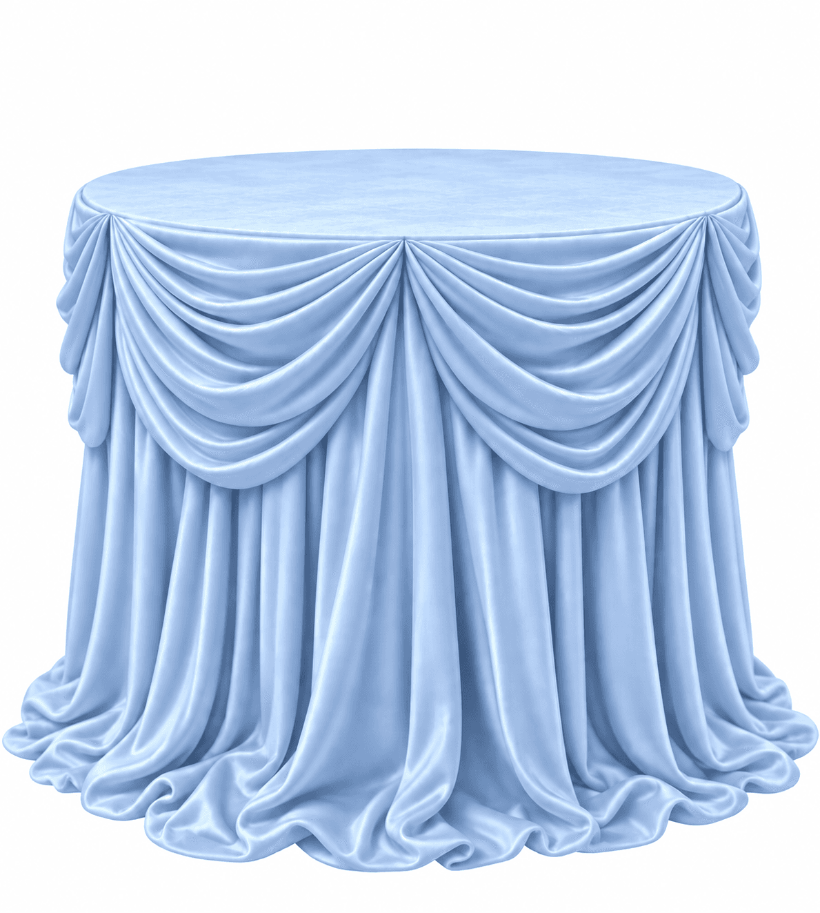 A round table completely covered by an elaborate, light blue draped tablecloth. The fabric appears to be satin or a similar synthetic material, creating soft folds and swags around the perimeter before falling to the floor in a full skirt. — 3D model