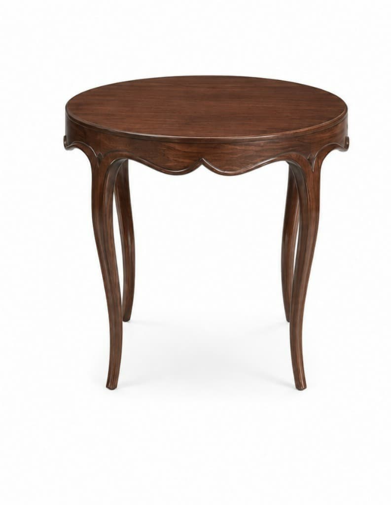 A dark wood, round accent table featuring a scalloped apron and distinctive cabriole legs, characteristic of French Provincial design. — 3D model