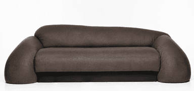 A contemporary sofa with rounded, plush arms and backrest. The upholstery appears to be a textured faux leather or similar material. The base is a solid, dark-colored plinth. The design features organic, curvilinear forms. — 3D model