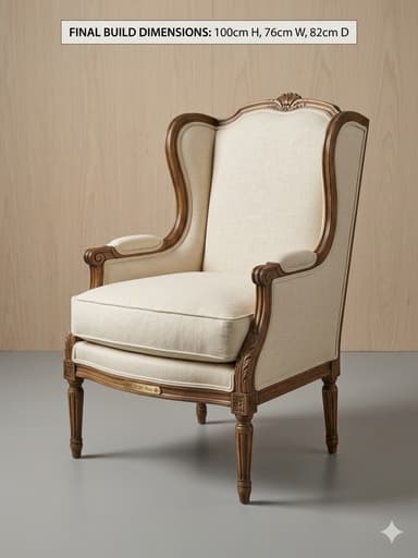 A classic French Provincial style wingback armchair featuring an exposed carved wood frame and upholstered in a light-colored fabric. The chair has an elegant silhouette with a high back, flared wings, and gracefully curved arms. The wooden elements, including the armrests, back frame, and legs, are intricately carved with traditional motifs, showcasing a rich, warm wood tone. The seat and back cushions are well-padded, providing comfort, and covered in a textured, possibly linen-blend, cream or beige fabric. The legs are slender and fluted, characteristic of the style. — 3D model
