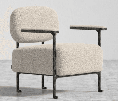 A single accent chair with a textured, bouclé upholstery on the seat, back, and armrests. The frame and legs are made of dark metal with a visible hammered texture. — 3D model