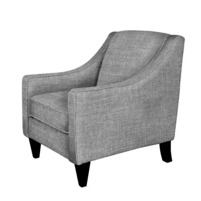 An upholstered armchair featuring a contemporary design, covered in a textured grey fabric. It has gently curved arms and a backrest, a fixed back cushion, and a removable seat cushion. The chair is supported by four dark, tapered wooden legs. — 3D model