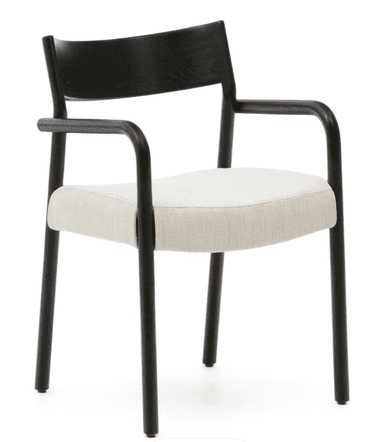 A contemporary armchair featuring a matte black tubular frame with integrated armrests and legs. The seat is an off-white or light beige upholstered cushion, and the backrest is a curved, solid black piece, possibly wood or molded plastic, attached to the rear legs. — 3D model