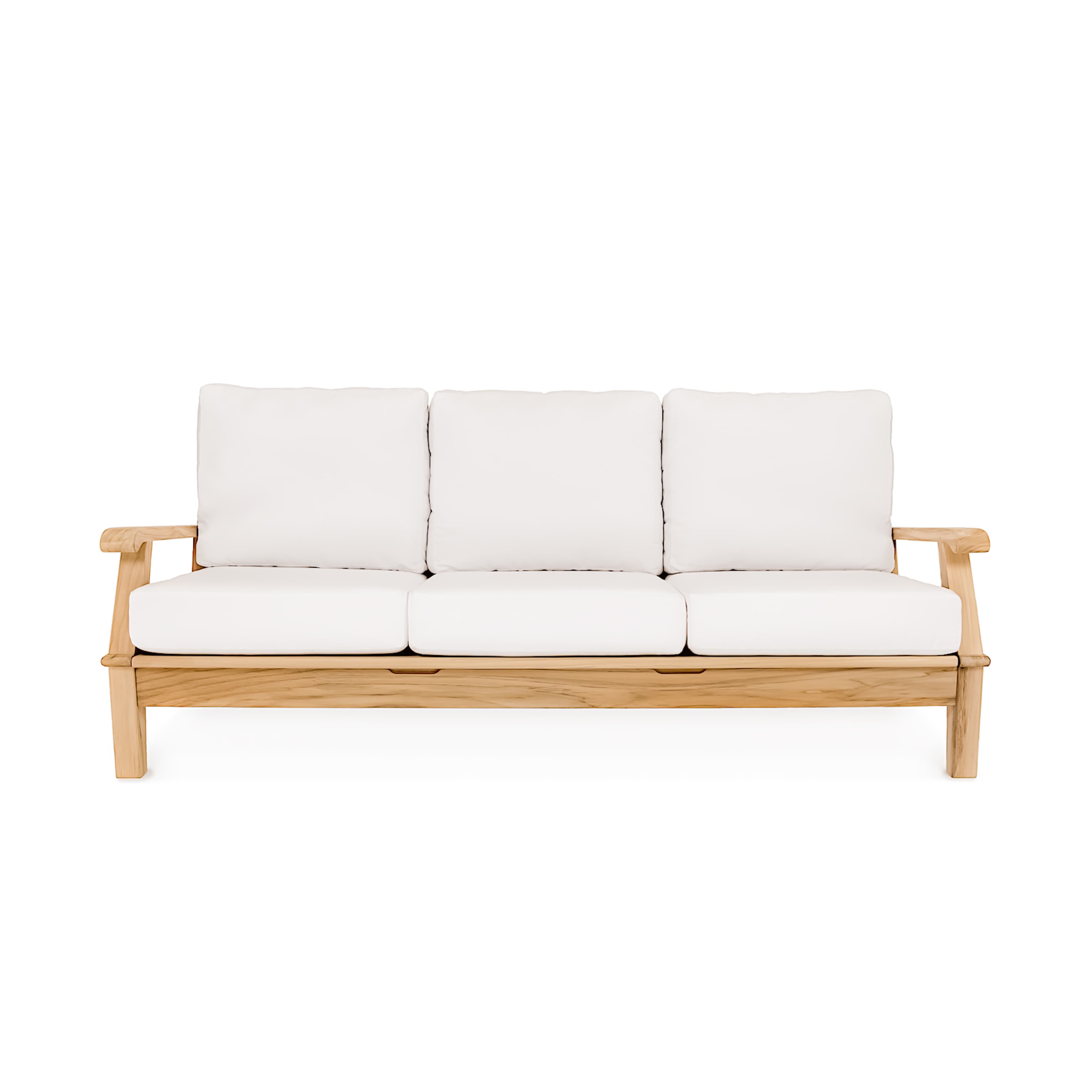 A three-seater sofa with a wooden frame and white cushions. The frame appears to be constructed from natural wood, likely teak or a similar durable hardwood, with a simple, clean-lined design. The back and seat cushions are thick and upholstered in a plain white fabric. — 3D model
