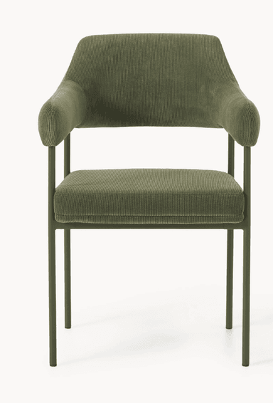 A modern armchair with a gently curved backrest and armrests. The upholstery features a corduroy texture. The frame consists of slender, dark green metal legs. — 3D model