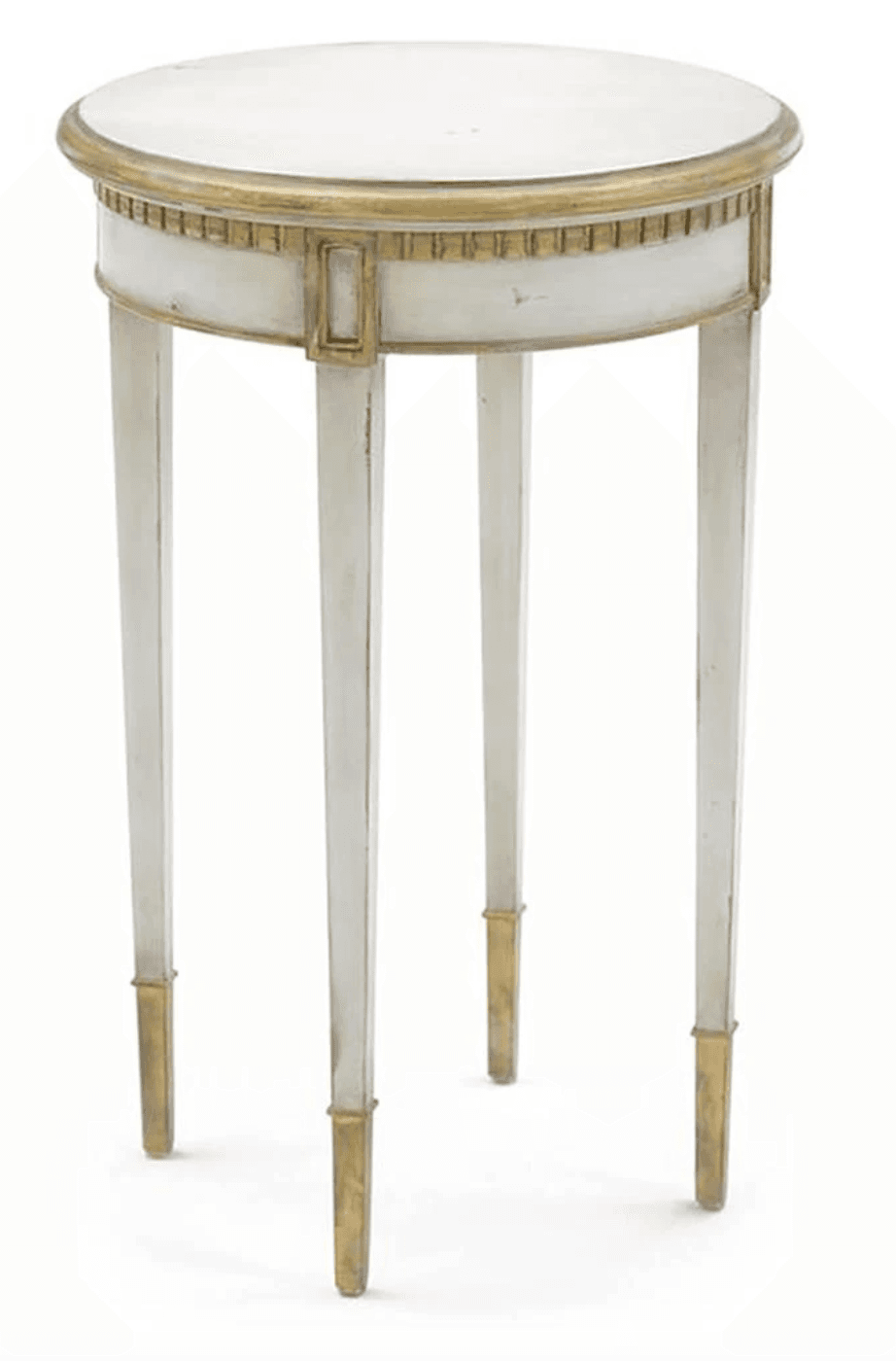 A circular-top side table with a tapered pedestal base. The tabletop has a decorative brass band around its edge. The apron of the table is also decorated with a brass frieze and rectangular motifs. The table is supported by three slender, tapered legs with brass ferrules at the base. — 3D model