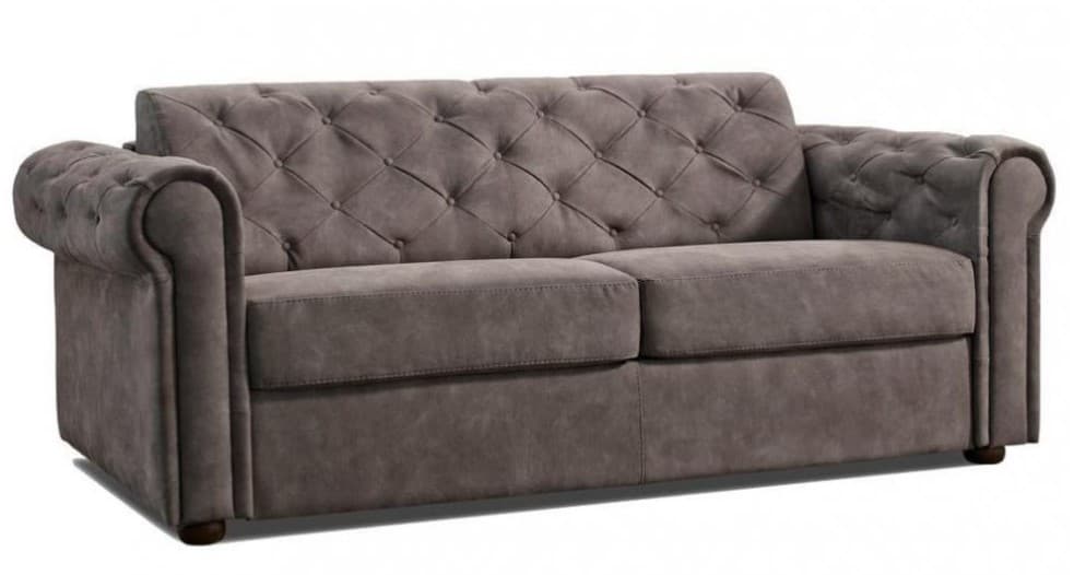A two-seater sofa with chesterfield upholstery. The sofa features deep button tufting on the backrest and rolled arms. The upholstery appears to be a soft, textured fabric in a neutral greyish-brown color. It has two seat cushions and sits on short, dark wooden legs. — 3D model