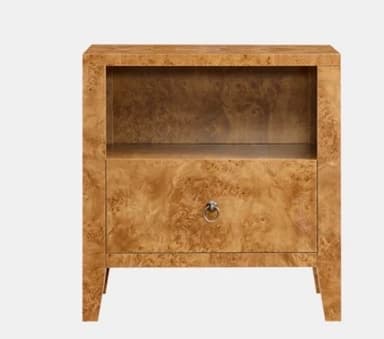 A square-shaped nightstand crafted from burl wood veneer, featuring a prominent wood grain pattern. The unit includes an open storage cubby above a single pull-out drawer, which is fitted with a circular metal ring pull. It stands on four short, integrated, subtly tapered block legs. — 3D model