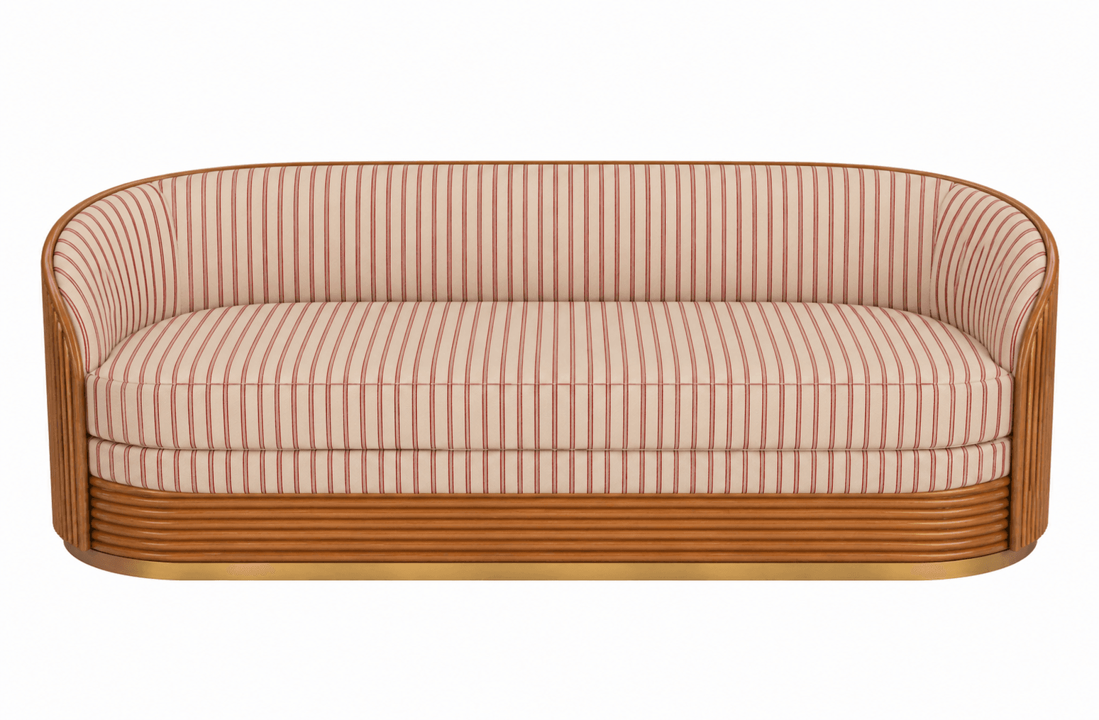 A two-seater sofa with a rounded back and arms, featuring a cream-colored upholstery with vertical red pinstripes. The frame appears to be constructed from curved, layered wooden elements, possibly rattan or cane, with a smooth, polished finish. It sits on a slender, gold-toned base. — 3D model