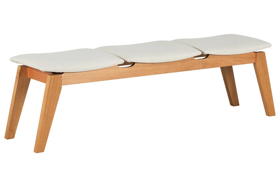 A modern three-seater bench featuring a light-toned wooden frame with splayed legs and three individual, contoured, cream-colored upholstered cushions. — 3D model