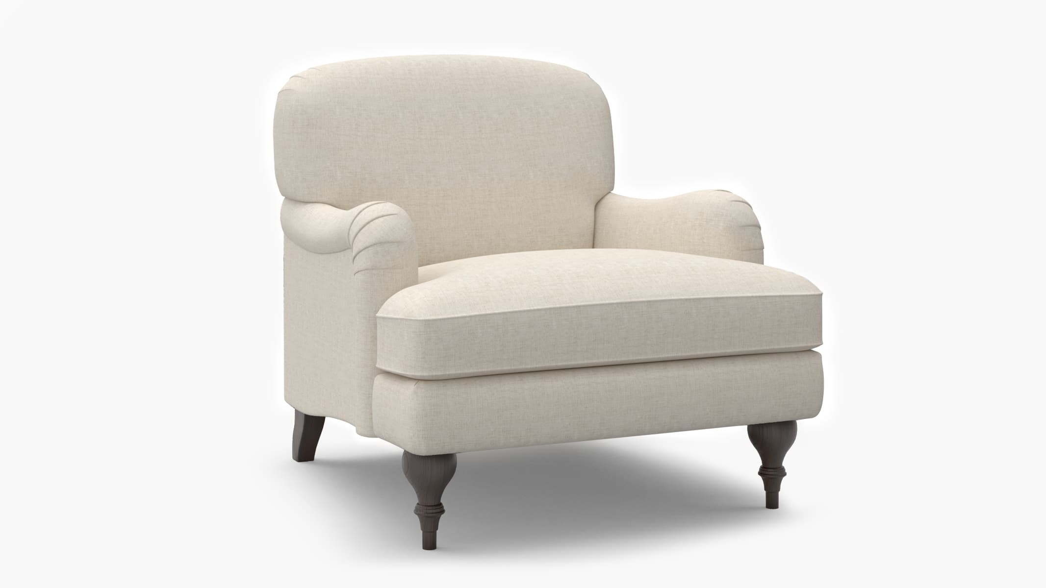 A fully upholstered armchair with a high back and curved armrests. The armchair features a substantial seat cushion and is supported by four dark-colored wooden legs with a turned design. The upholstery appears to be a woven fabric with a visible texture. — 3D model