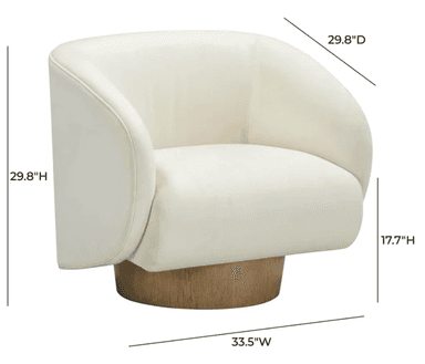 A contemporary barrel swivel armchair featuring a deeply curved, enveloping form upholstered in a cream-colored fabric, supported by a circular wooden plinth base. — 3D model