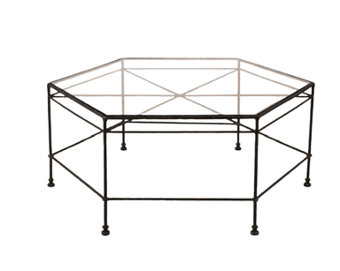 A black, hexagonal metal frame designed as a table base, featuring slender, interconnected rods forming the structure and six small feet at the bottom. It appears to be made of wrought iron. — 3D model