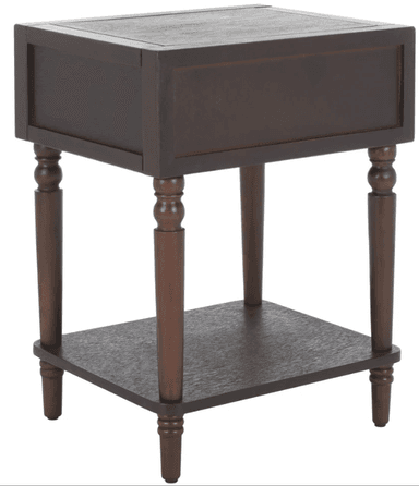 A dark brown wooden end table with a single drawer and a lower shelf. The table features turned legs and a simple, slightly recessed drawer front with a round knob. — 3D model