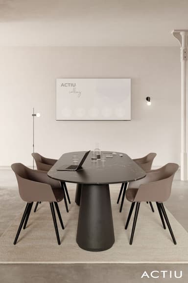 A sophisticated oval conference table featuring a black marble top with natural white veining, supported by a monolithic fluted pedestal base. The table presents a sleek, contemporary design with a monochromatic black finish. — 3D model