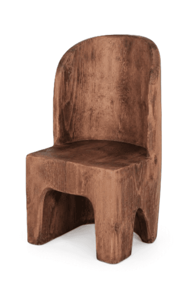 A contemporary dark brown solid wood chair featuring a distinctive sculptural form, comprising a gently curved backrest seamlessly integrated with a sturdy, block-like seat and legs. The wood exhibits prominent grain patterns and a visible textured finish. — 3D model