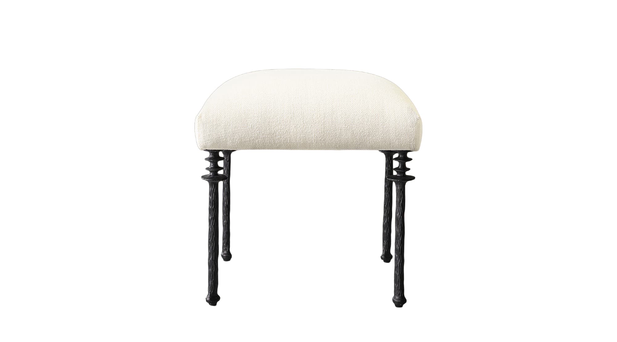 A decorative stool featuring a semi-circular upholstered seat and four slender, sculpted dark metal legs. The cushion is covered in a light, textured fabric, likely off-white or cream. The legs are dark, possibly wrought iron, and exhibit intricate, organic detailing with stacked ring-like elements near the seat attachment and a textured, gnarled appearance along the shafts. The overall design suggests an elegant, somewhat traditional or rustic-chic aesthetic. — 3D model