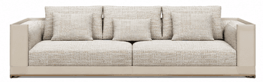 A modern sofa, viewed from the rear, featuring a low-profile, solid box-frame structure in a pale beige or cream color. Three individual, rectangular back cushions with a textured, patterned fabric are placed along the top edge of the frame. A subtle, darker base, likely wood or metal, is visible at the very bottom, creating a slight elevation. — 3D model