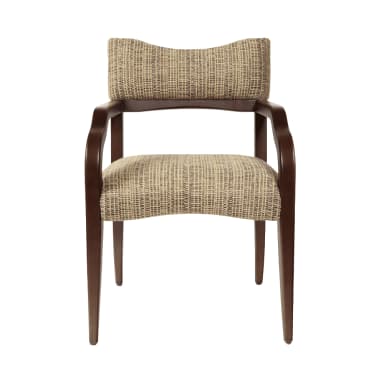 An armchair with a wooden frame and upholstered seat and back. The wooden frame has a dark brown finish and features curved armrests and tapered legs. The upholstery is a woven fabric in a neutral color palette with a textured appearance. — 3D model