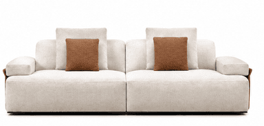 A modern two-piece modular sectional sofa upholstered in light beige fabric, featuring square armrests with brown accent panels and contrasting brown throw pillows. — 3D model