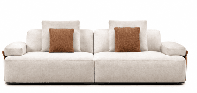 A modern two-piece modular sectional sofa upholstered in light beige fabric, featuring square armrests with brown accent panels and contrasting brown throw pillows. — 3D model