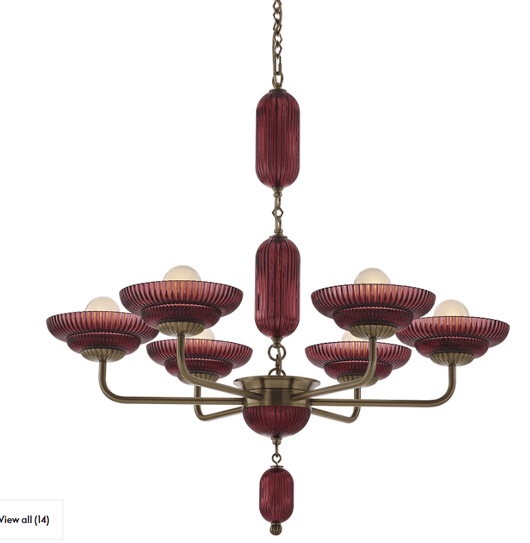 A multi-tiered chandelier with a central stem, featuring multiple arms that support ribbed, saucer-shaped glass shades. The glass elements are a deep ruby red, and the metal components appear to be antique brass. The chandelier is suspended by a chain and includes decorative ribbed glass elements along the central stem and as a pendant. — 3D model