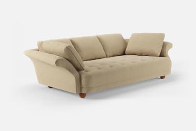 A three-seater sofa with a textured fabric upholstery. It features three back cushions and two plush armrest cushions. The base of the sofa is supported by four rounded wooden legs. The front upholstery of the seat cushion shows subtle button tufting. — 3D model