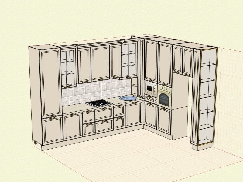 A 3D rendered representation of a modular kitchen unit, featuring a corner configuration. The unit includes base cabinets with drawers and doors, a countertop with an integrated stovetop and sink, wall cabinets, and a tall display cabinet. Appliance housings for a microwave and an oven are also visible. — 3D model