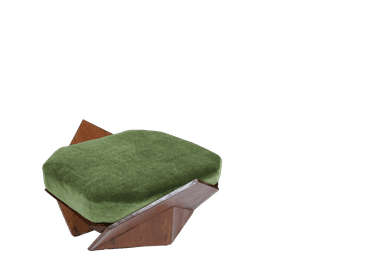 The image shows a contemporary or Art Deco-inspired ottoman with a robust, angular wooden frame, possibly walnut, and a soft, plush green velvet upholstered cushion. The design features geometric facets, giving it a sculptural quality. — 3D model