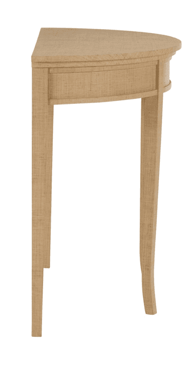 A contemporary demilune console table featuring a semi-circular top and a matching apron, all meticulously covered in natural grasscloth. It stands on four slender, gently tapered legs, with the two outer legs exhibiting a subtle curve towards the base. The light-colored, textured finish gives the piece an organic and refined appearance, suitable for various interior styles. — 3D model