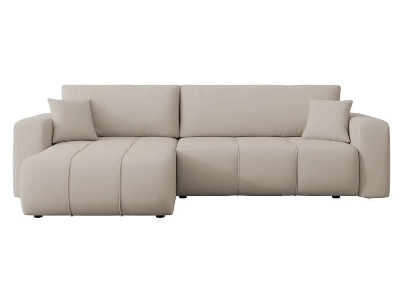 A contemporary L-shaped sectional sofa with a chaise lounge on one end, upholstered in a light, neutral-toned fabric. It features a minimalist design with low-profile feet, clean lines, and subtle vertical stitching on the seat cushions and chaise, contributing to a modern aesthetic. The back cushions are simple and rectangular, and two accent pillows are included. — 3D model