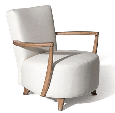 A fully upholstered lounge armchair featuring an off-white fabric and a visible, sculptural wooden frame that forms the armrests and legs. The design emphasizes clean lines and organic curves. — 3D model