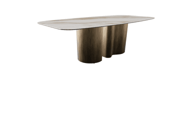A contemporary dining table featuring a rounded rectangular tabletop with a stone-like pattern and a distinctive base. The base consists of multiple cylindrical columns with a wavy profile, finished in a dark metallic hue. — 3D model